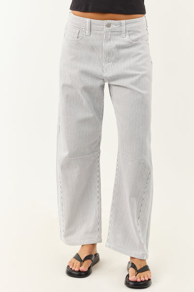Off White High Rise Railroad Stripe Stretchy Barrel Jeans