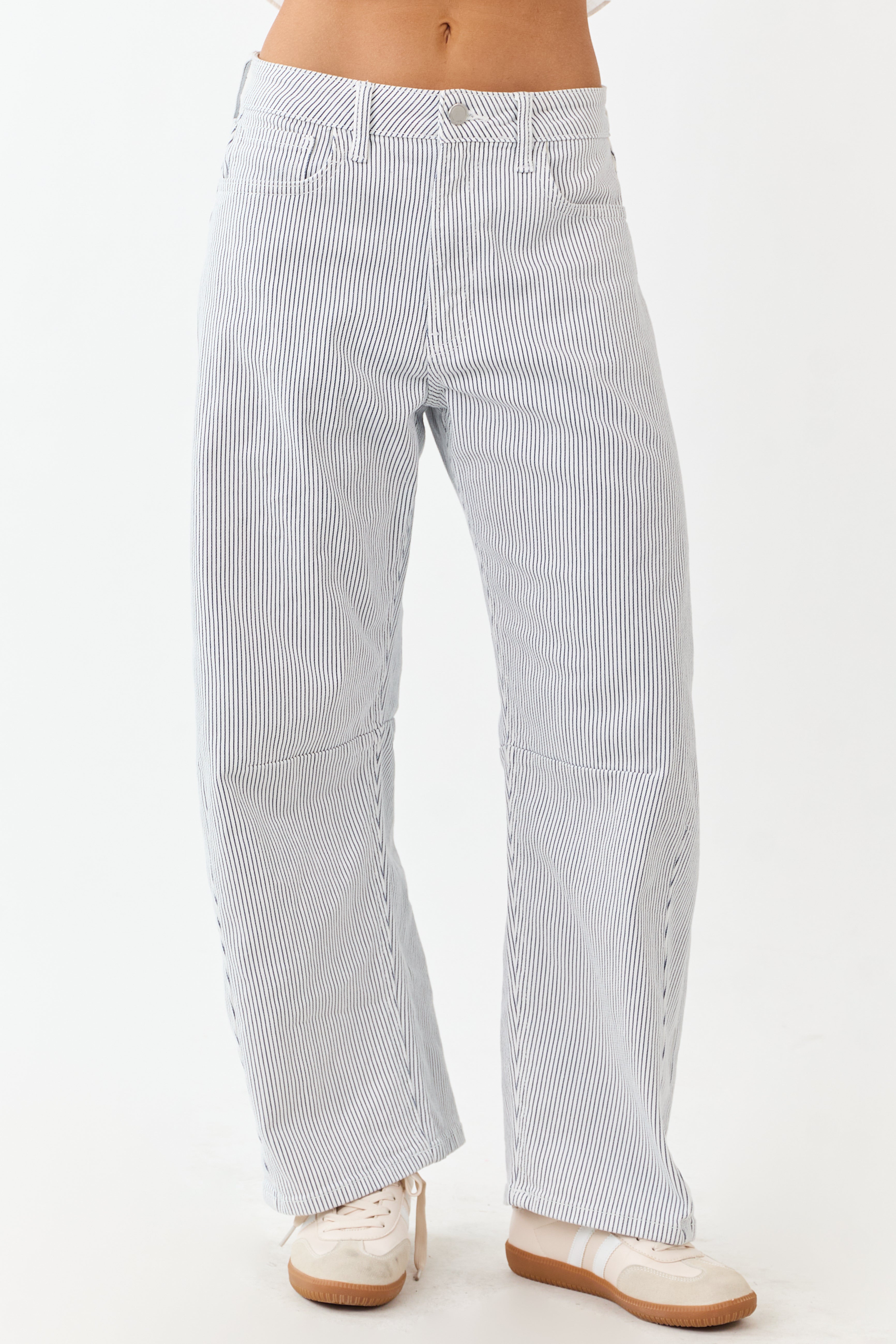 Off White High Rise Railroad Stripe Stretchy Barrel Jeans