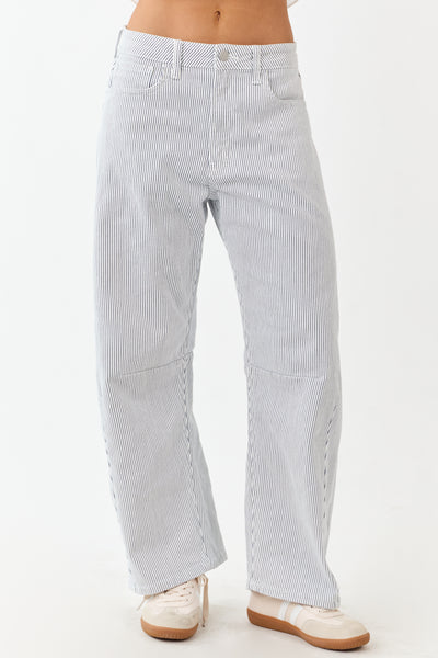 Off White High Rise Railroad Stripe Stretchy Barrel Jeans