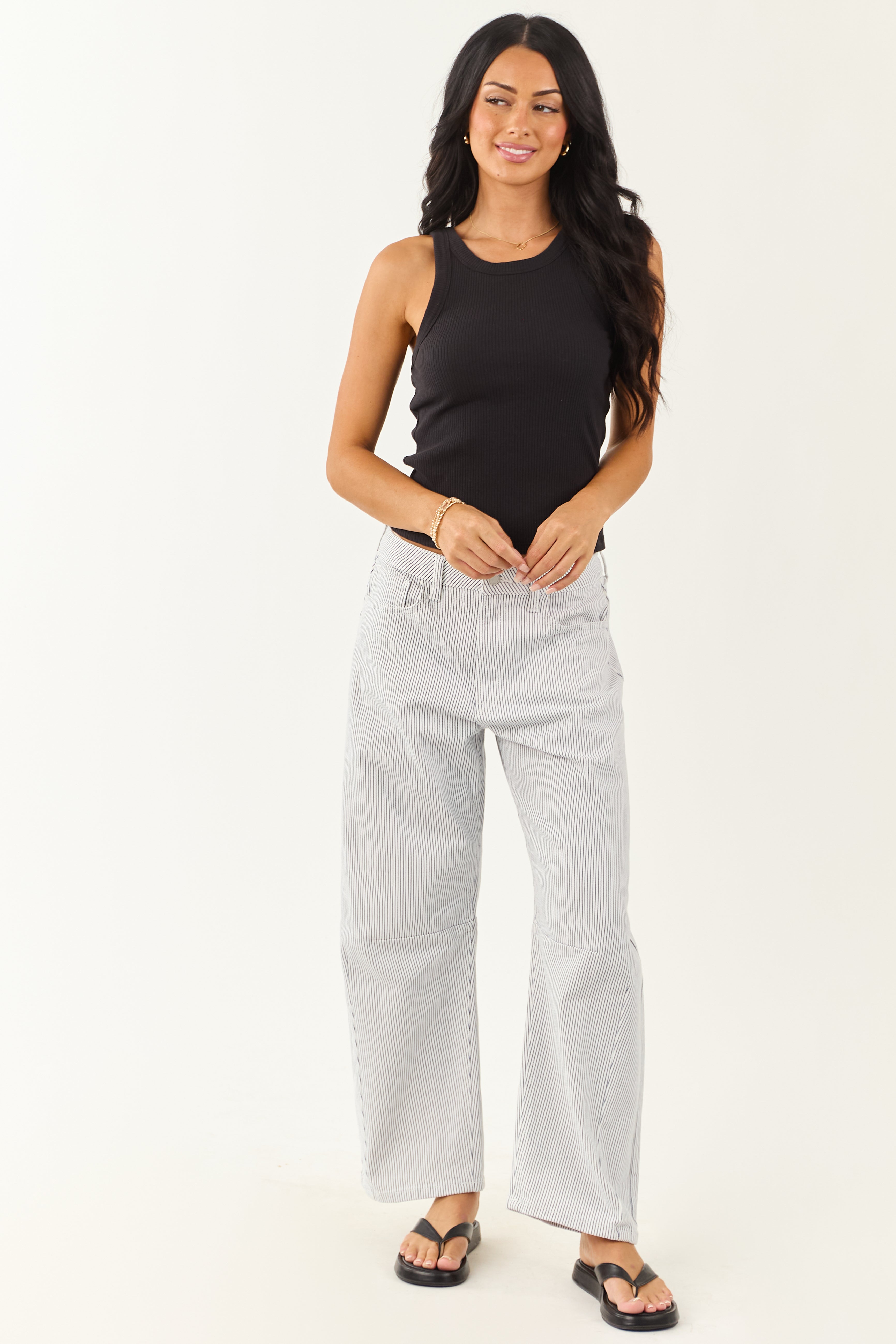 Off White High Rise Railroad Stripe Stretchy Barrel Jeans