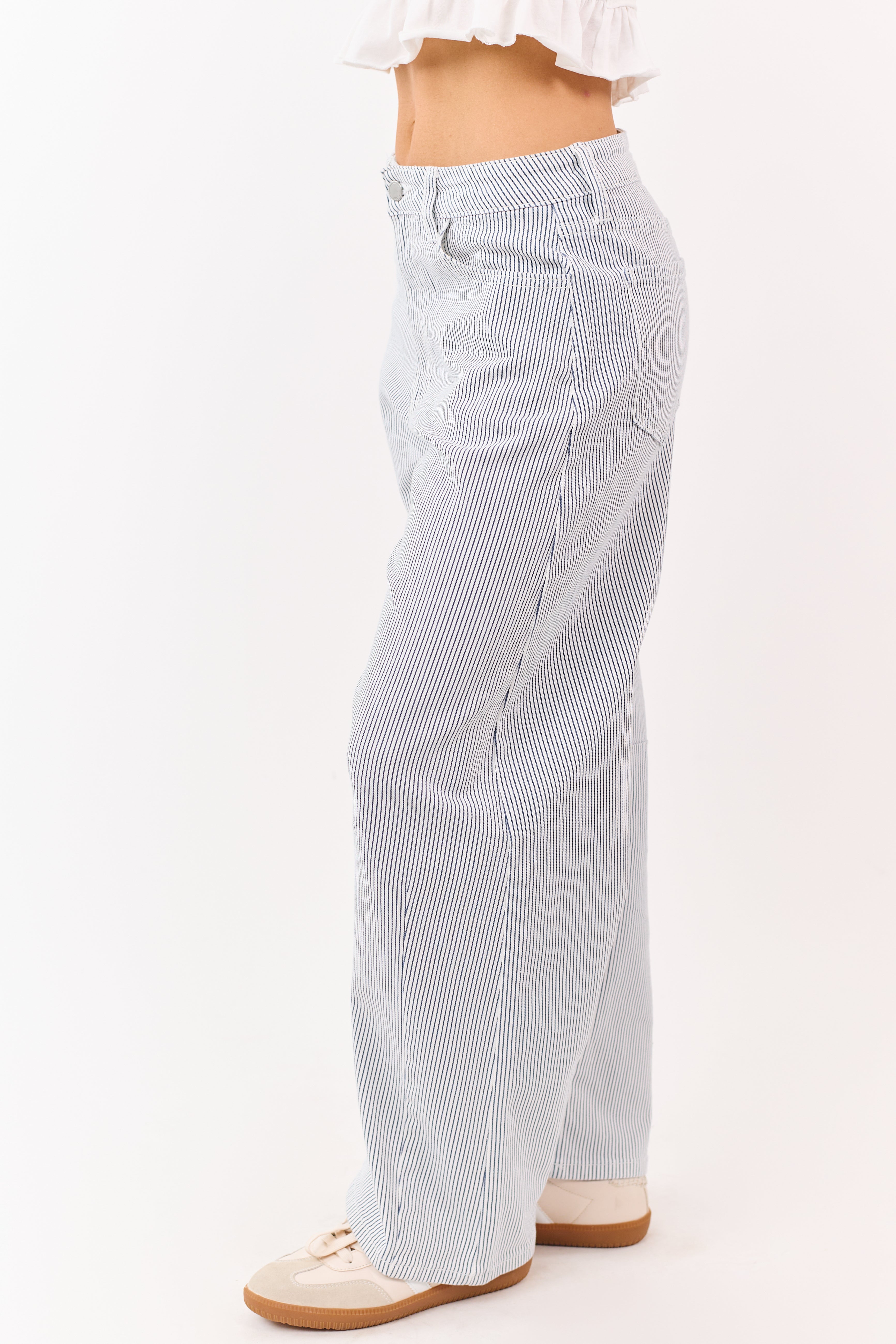 Off White High Rise Railroad Stripe Stretchy Barrel Jeans