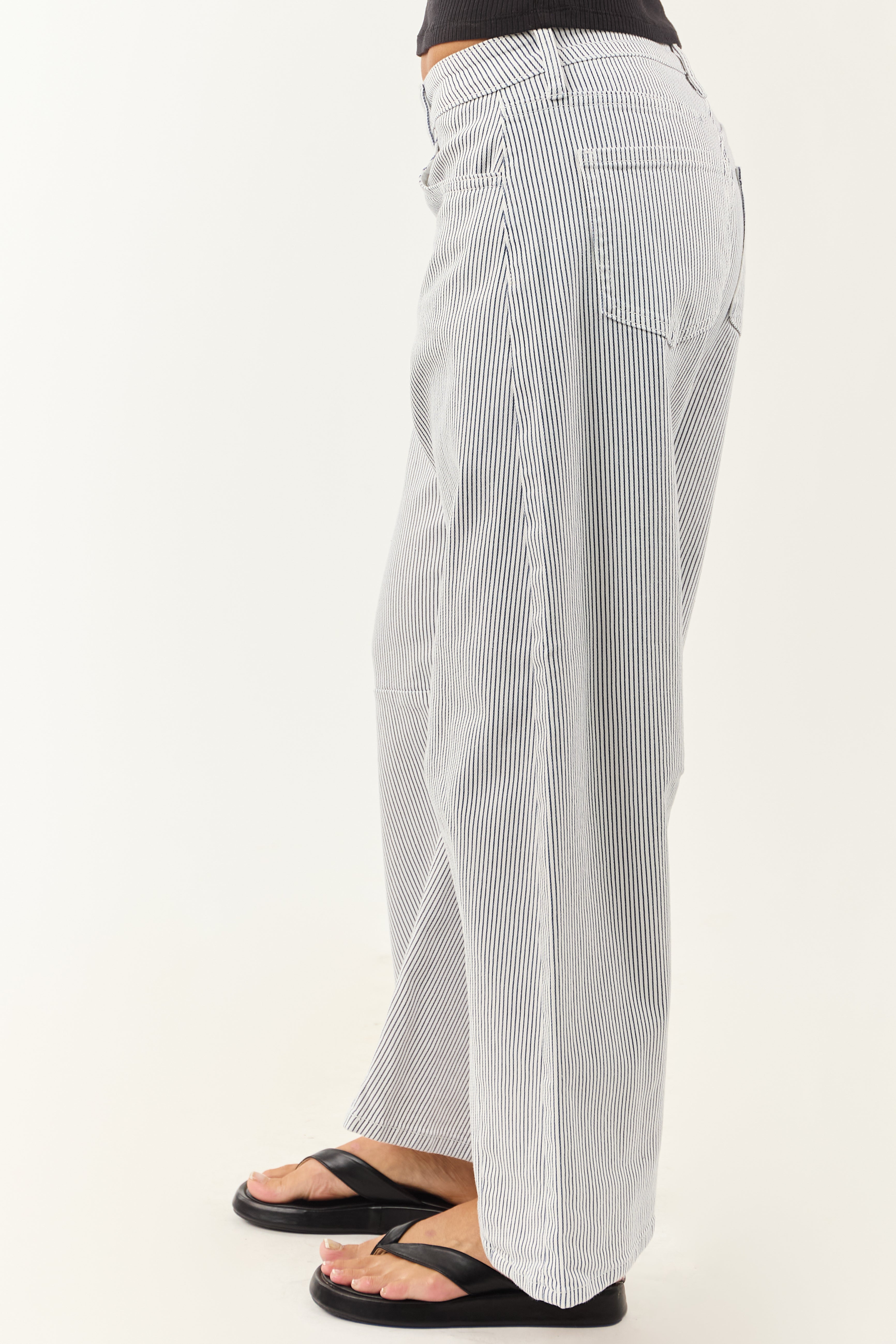 Off White High Rise Railroad Stripe Stretchy Barrel Jeans