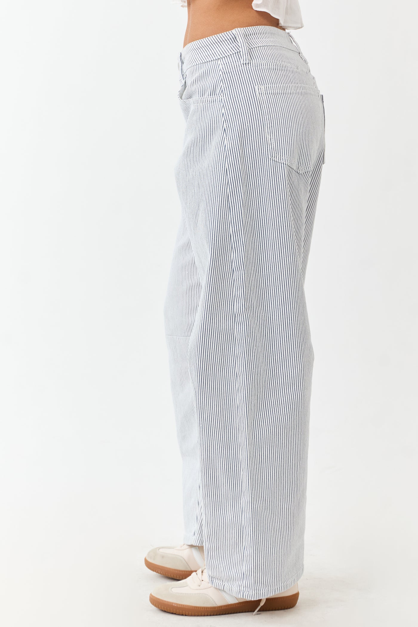 Off White High Rise Railroad Stripe Stretchy Barrel Jeans