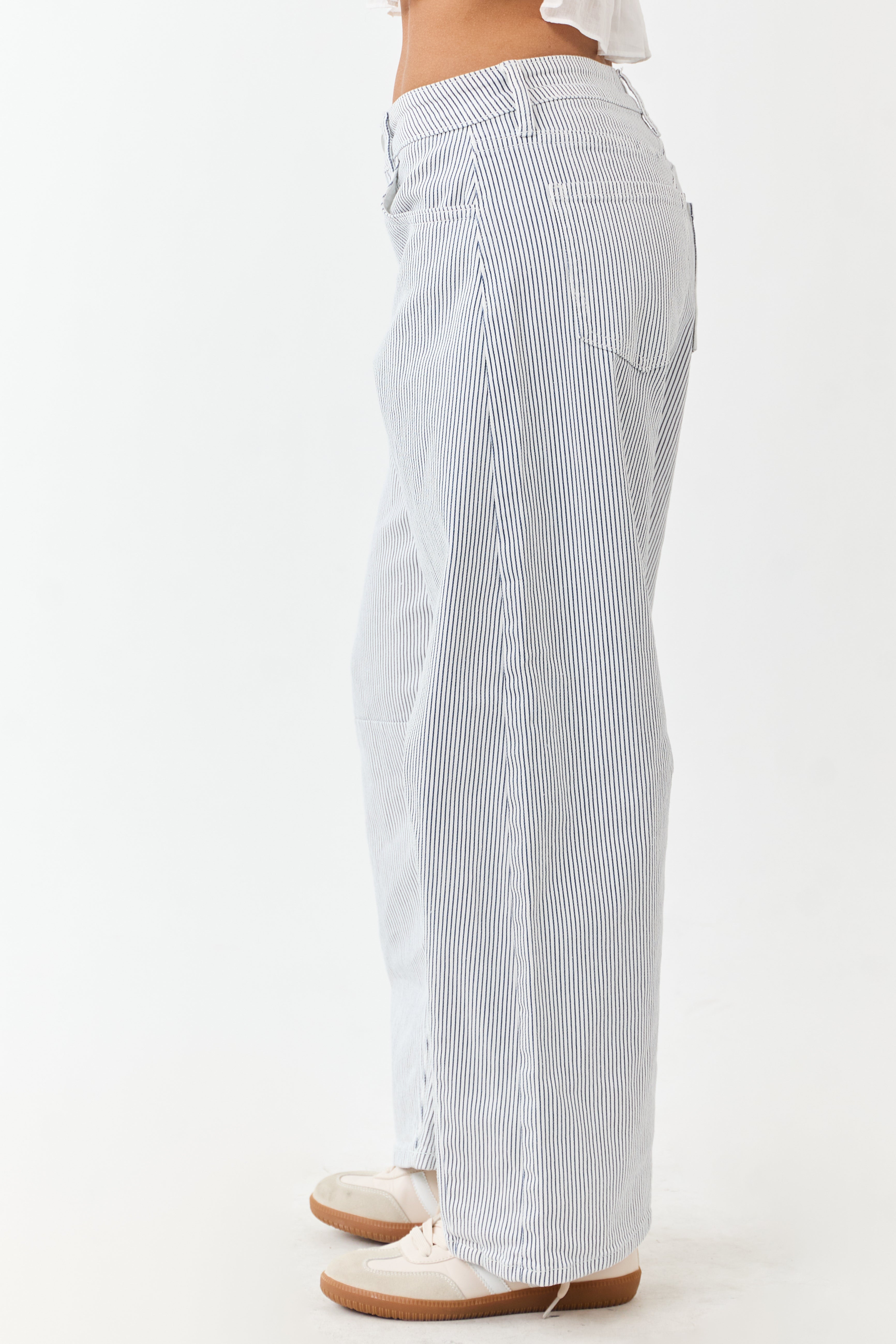 Off White High Rise Railroad Stripe Stretchy Barrel Jeans