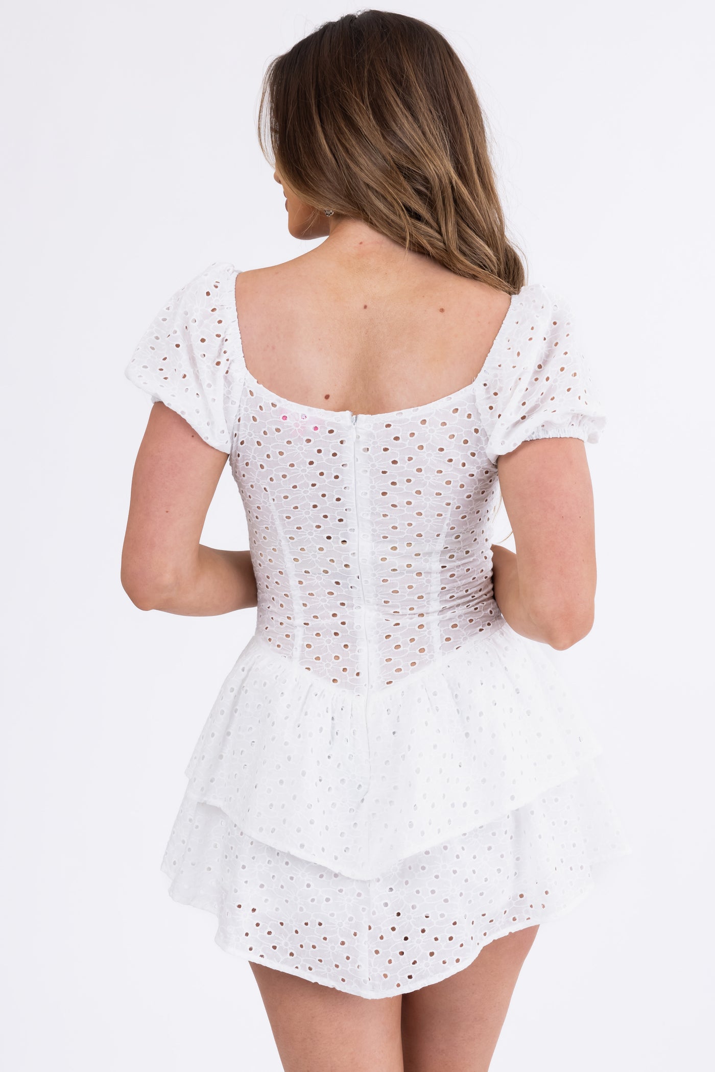 Off White Lace Cut Out Ruffle Layered Romper