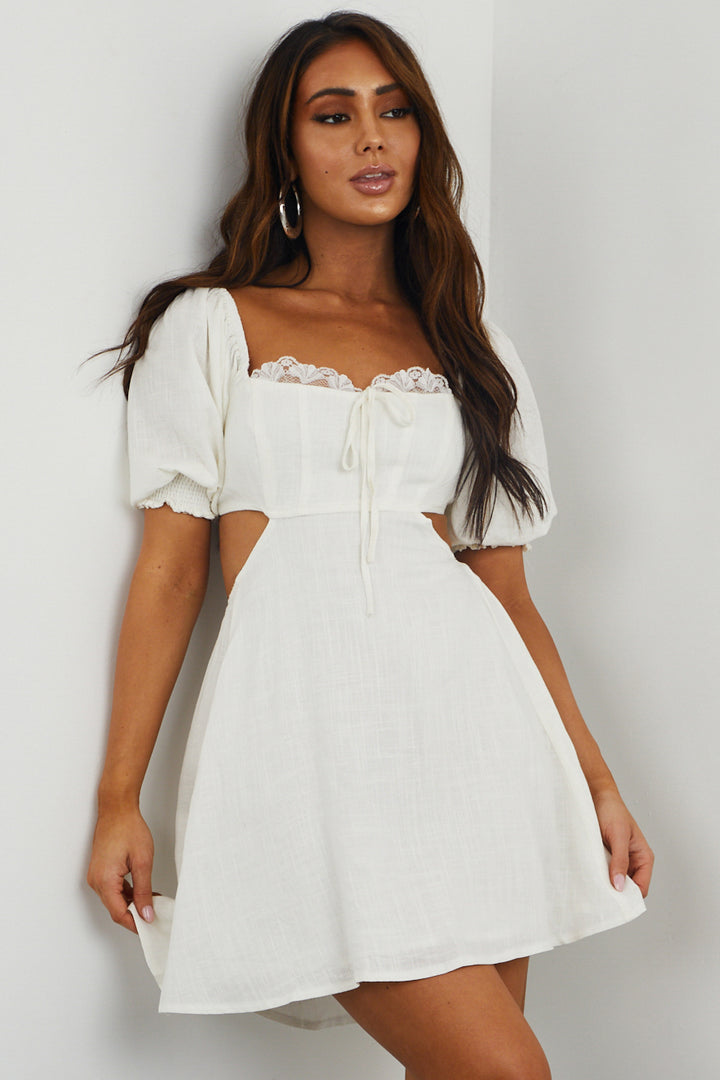 Off White Lace Detail Cut Out Back Mini Dress