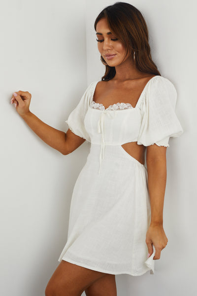 Off White Lace Detail Cut Out Back Mini Dress