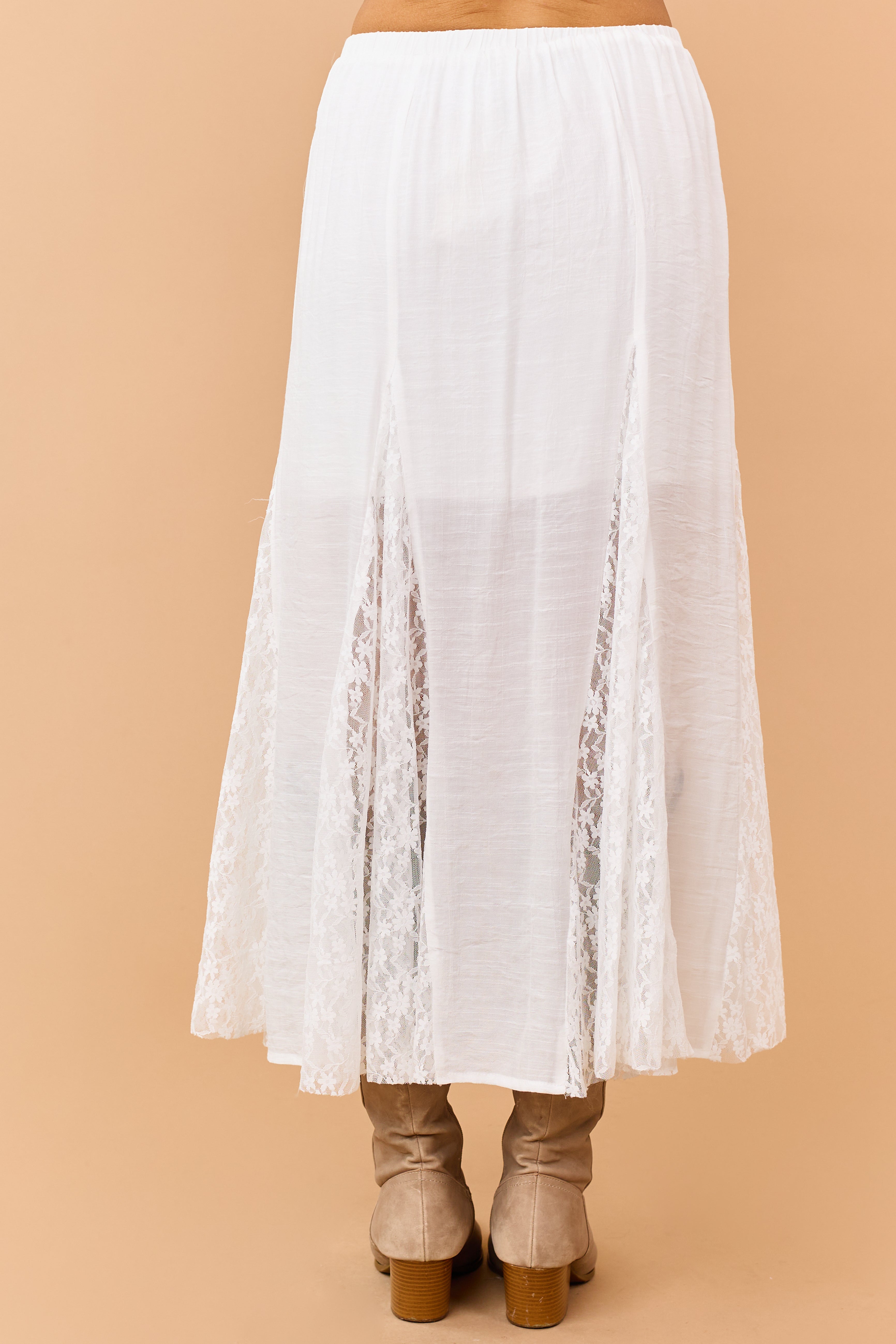 Off White Lace Godet Panel Elastic Waist Maxi Skirt