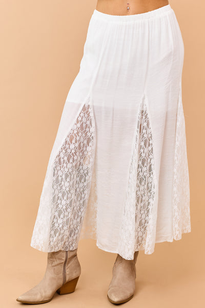 Off White Lace Godet Panel Elastic Waist Maxi Skirt