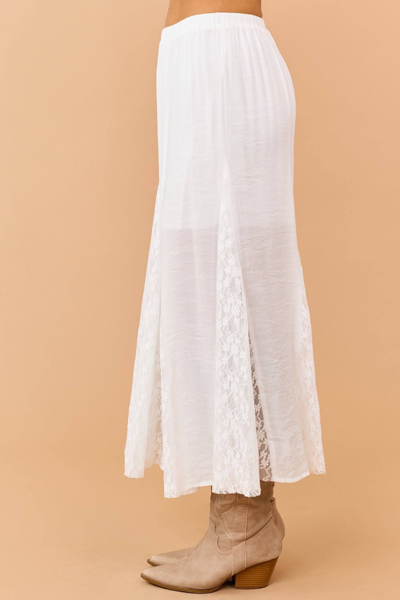 Off White Lace Godet Panel Elastic Waist Maxi Skirt