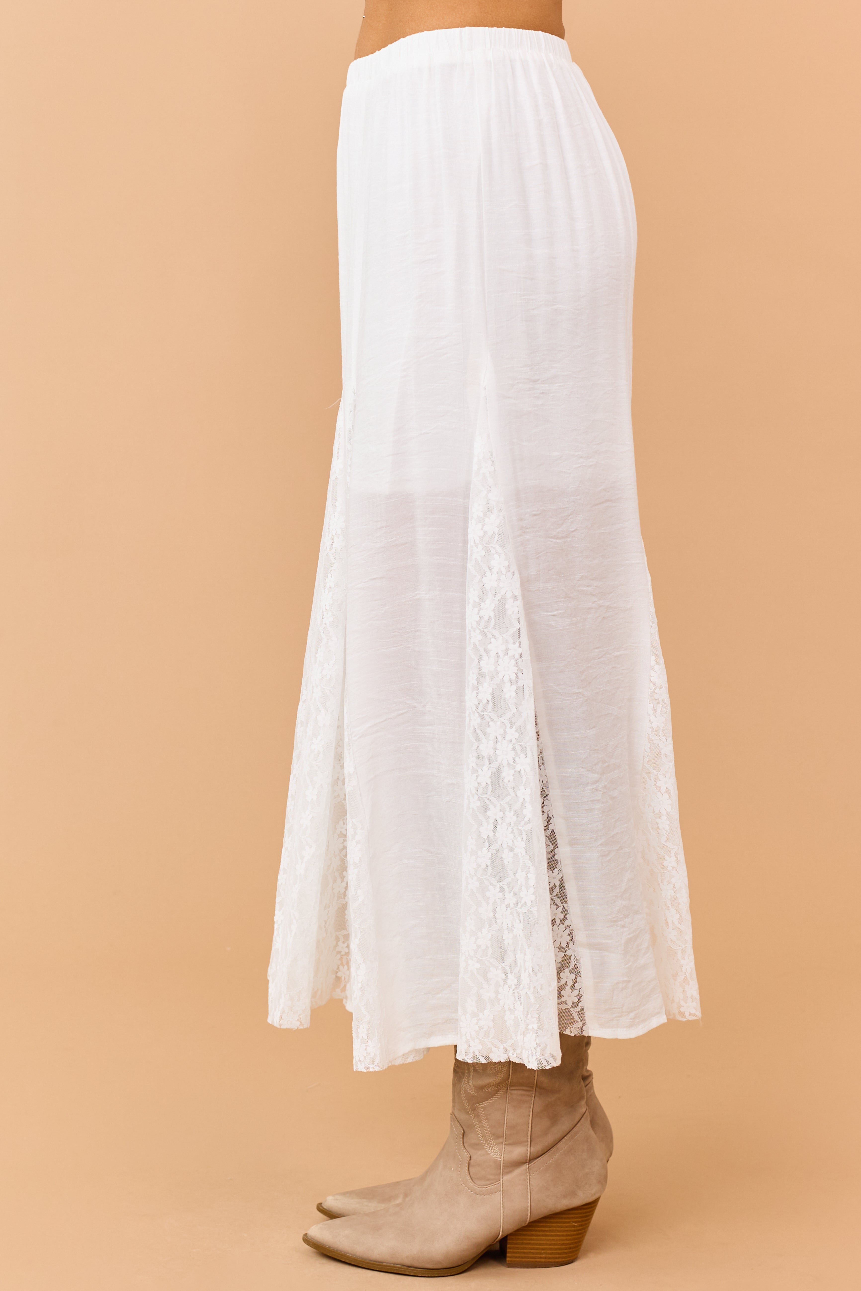 Off White Lace Godet Panel Elastic Waist Maxi Skirt