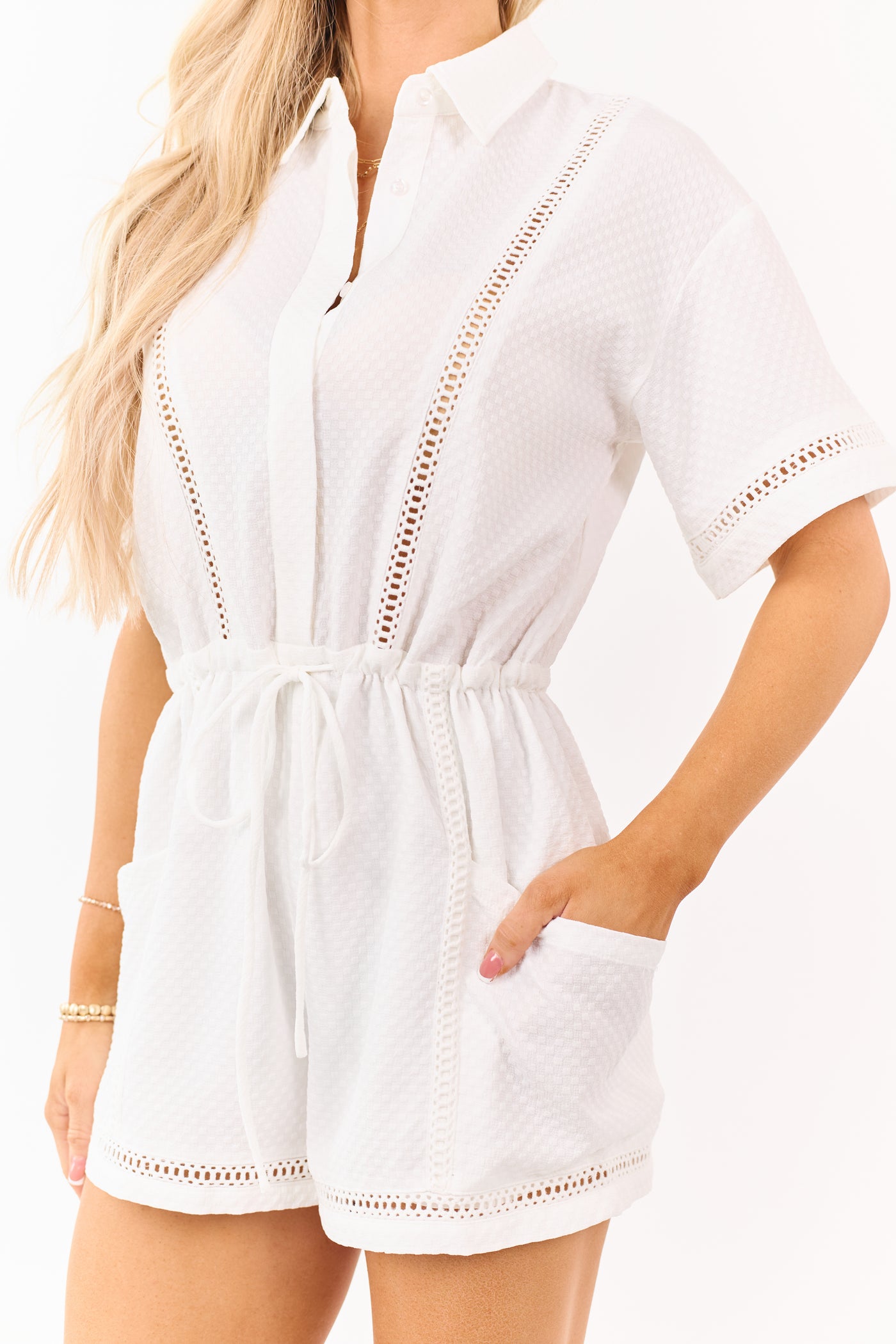 Off White Lace Inset Waist Tie Romper