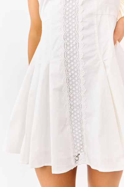 Off White Lace Panel Sleeveless Pleated Mini Dress