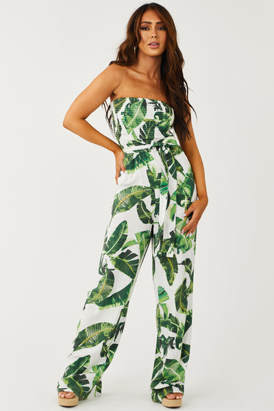 Off White Leaf Print Strapless Smocked Jumpsuit