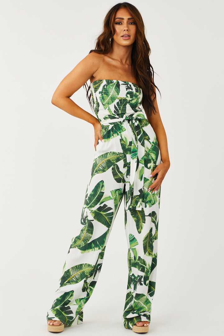 Off White Leaf Print Strapless Smocked Jumpsuit