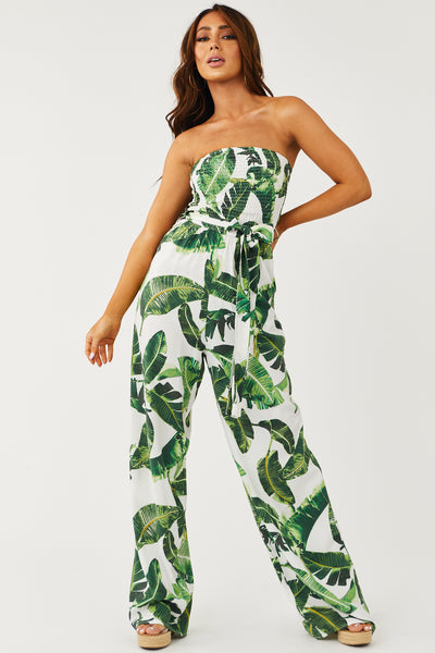 Off White Leaf Print Strapless Smocked Jumpsuit