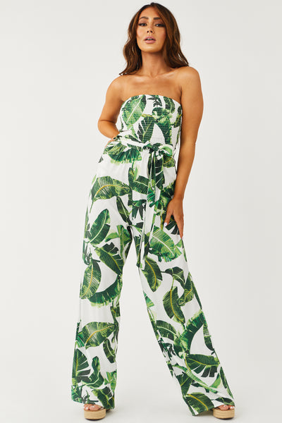 Off White Leaf Print Strapless Smocked Jumpsuit