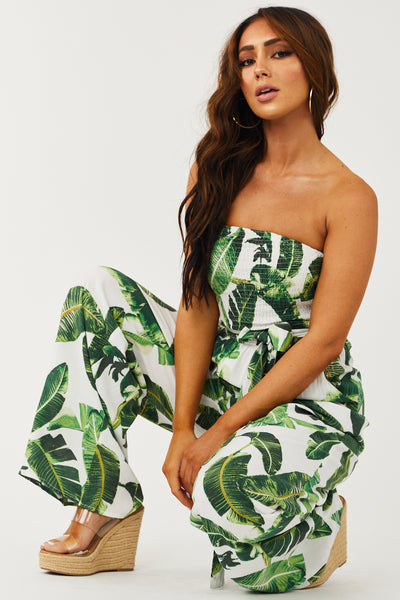 Off White Leaf Print Strapless Smocked Jumpsuit