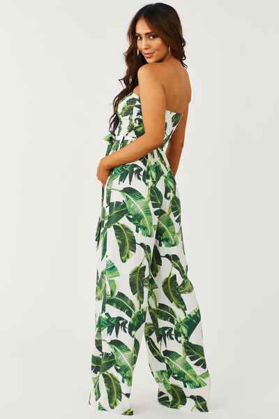 Off White Leaf Print Strapless Smocked Jumpsuit