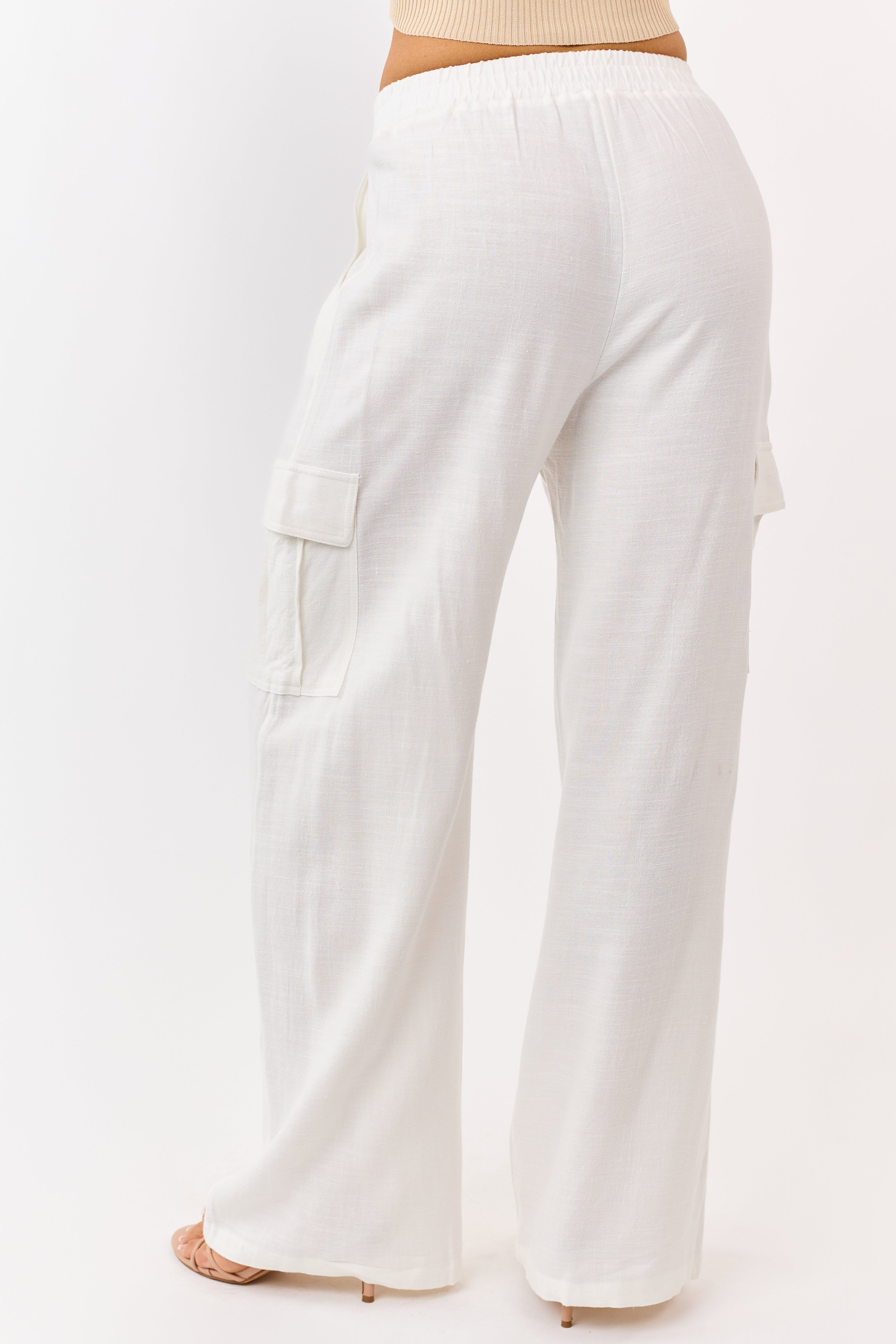 Off White Linen Blend Elastic Waist Cargo Pants | Lime Lush Boutique