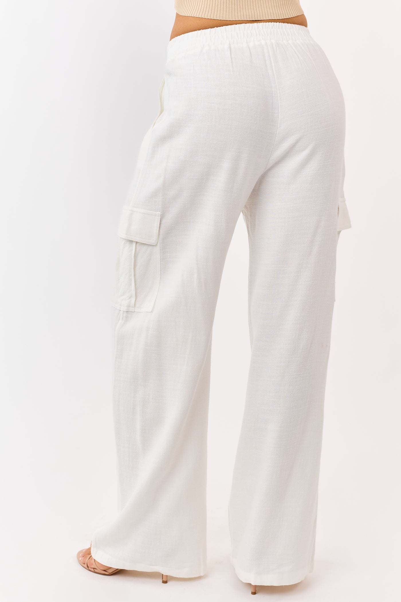 Off White Linen Blend Elastic Waist Cargo Pants
