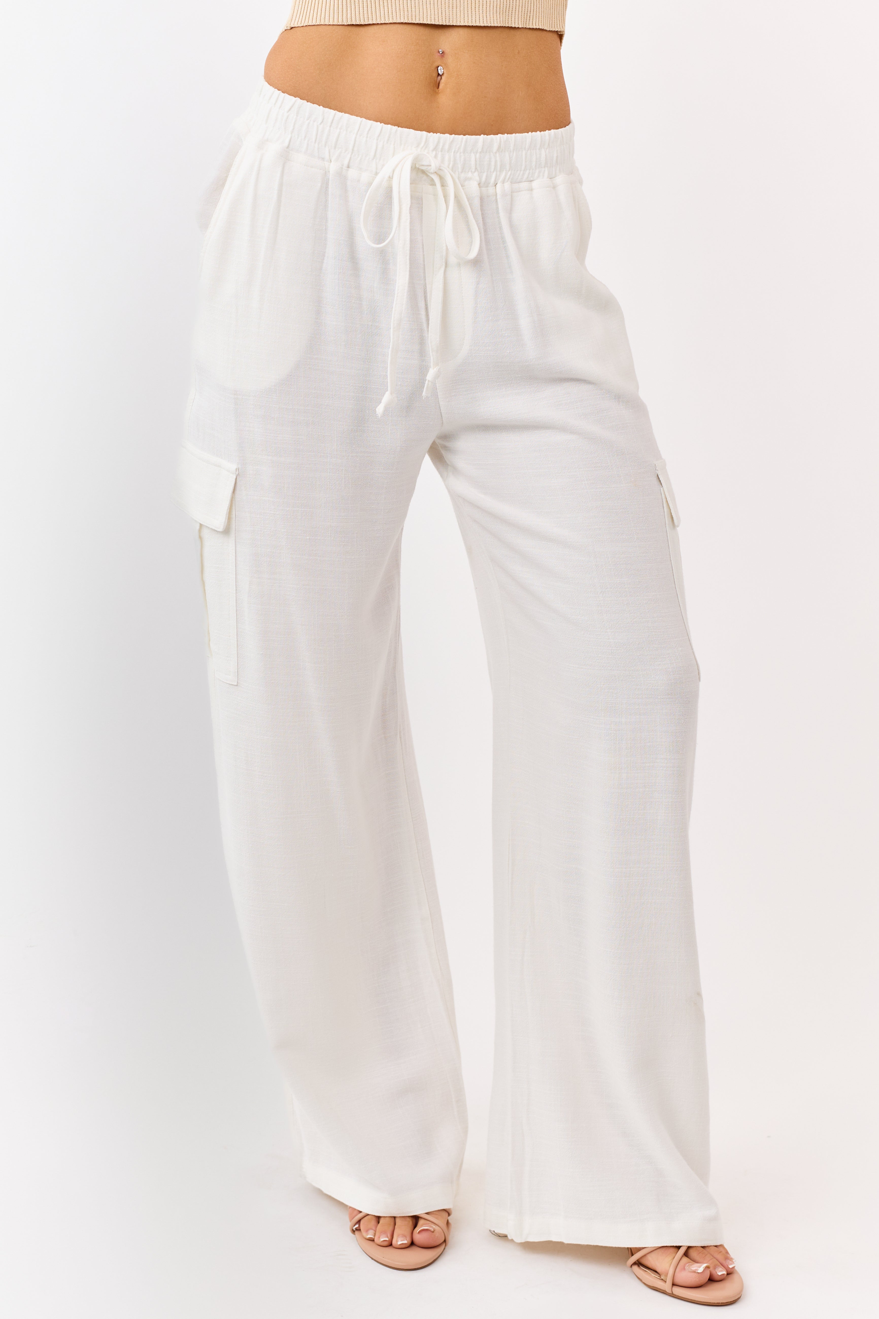 Off White Linen Blend Elastic Waist Cargo Pants