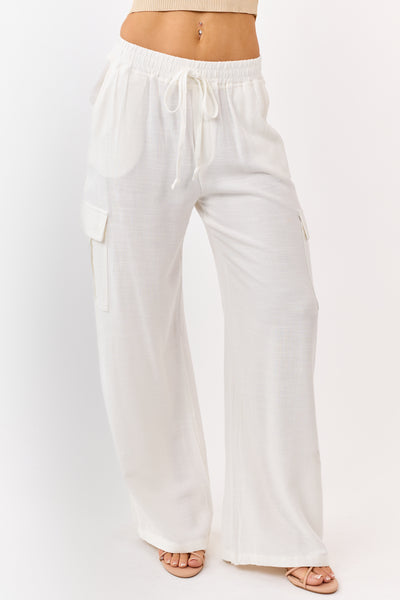 Off White Linen Blend Elastic Waist Cargo Pants