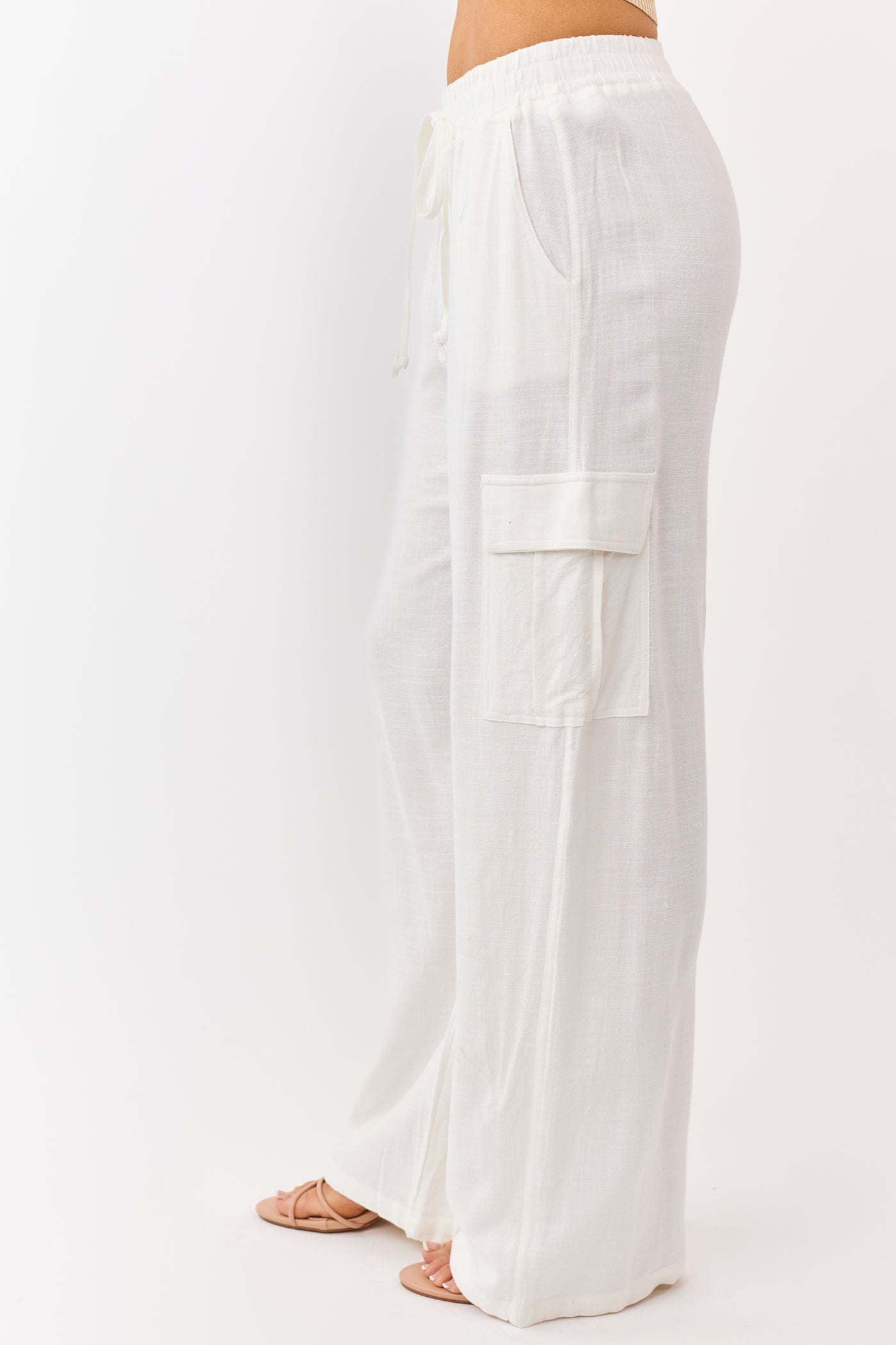 Off White Linen Blend Elastic Waist Cargo Pants