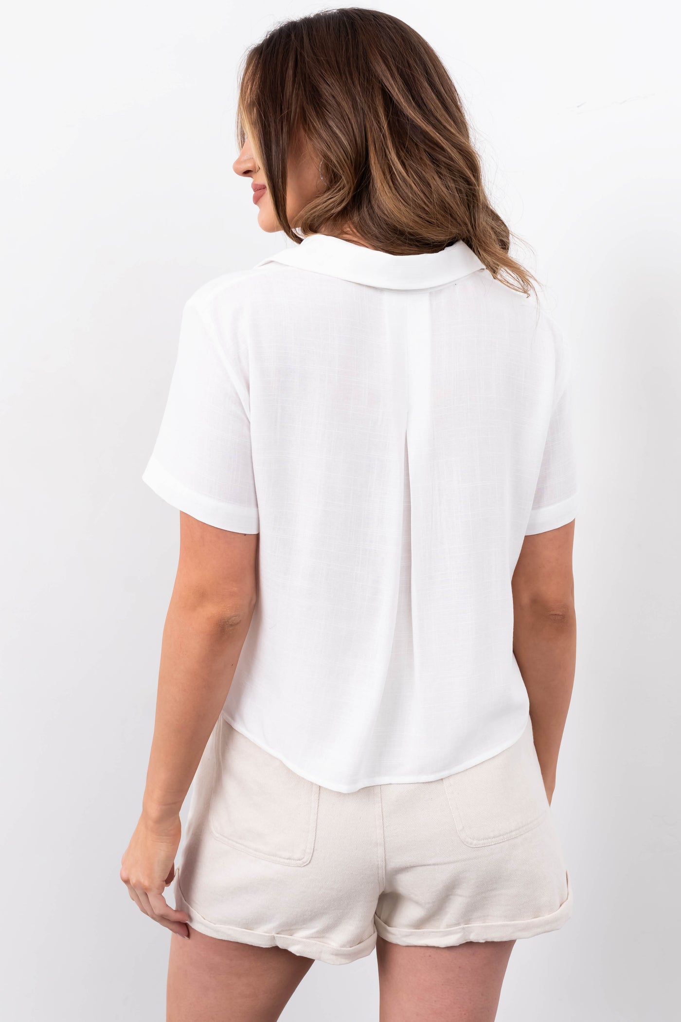 Off White Linen Texture Short Sleeve Collared Shirt