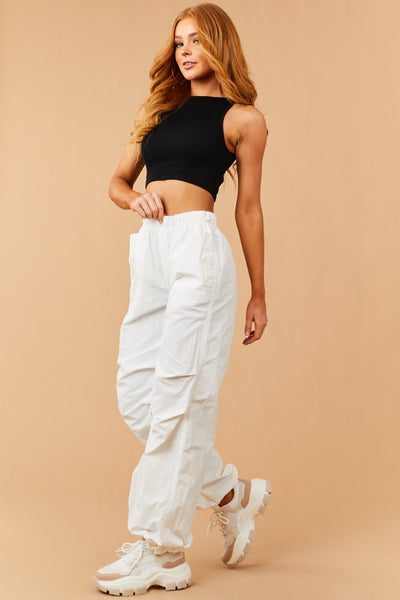 Off White Loose Fit Elastic Parachute Pants