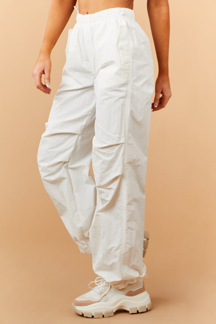Off White Loose Fit Elastic Parachute Pants