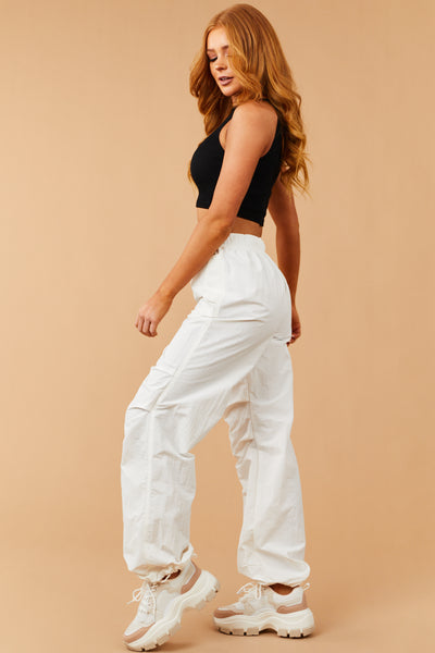 Off White Loose Fit Elastic Parachute Pants