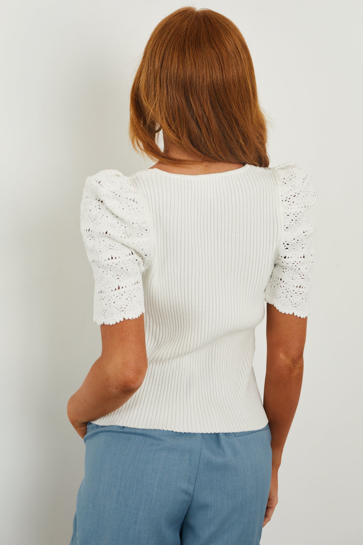 Off White Open Crochet Puff Sleeve Ribbed Knit Top