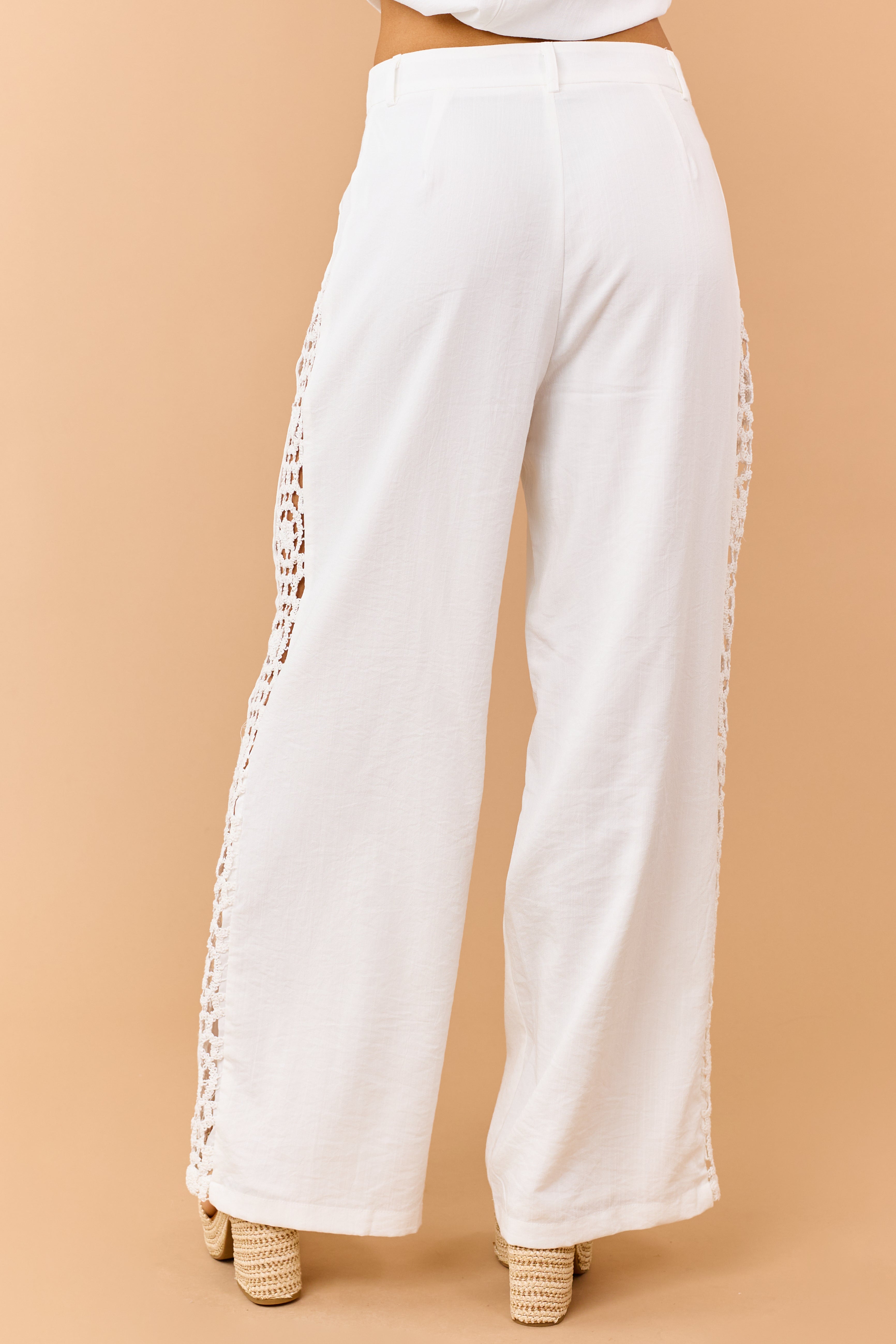 Off White Open Crochet Side Panel Wide Leg Pants | Lime Lush Boutique