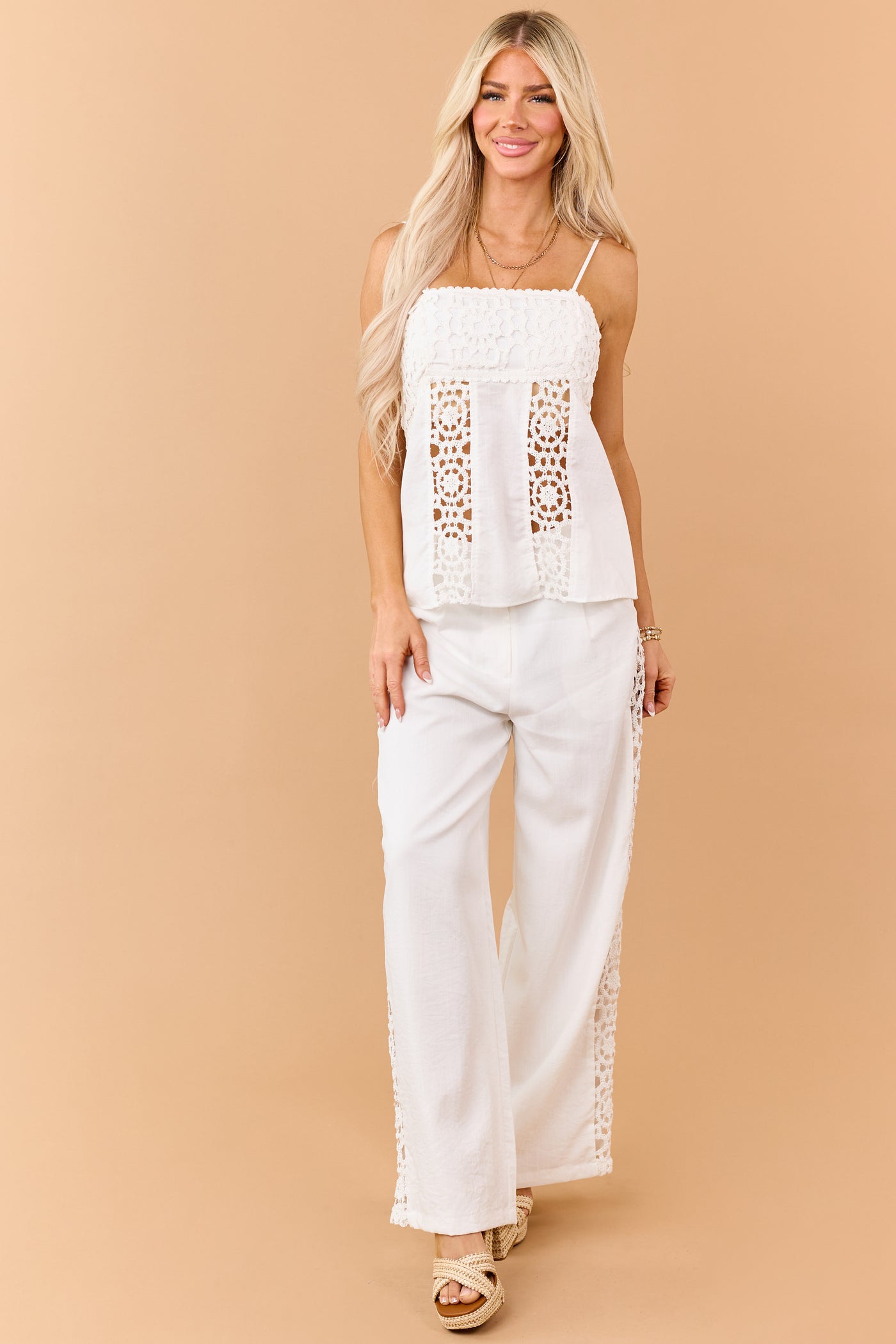 Off White Open Crochet Side Panel Wide Leg Pants
