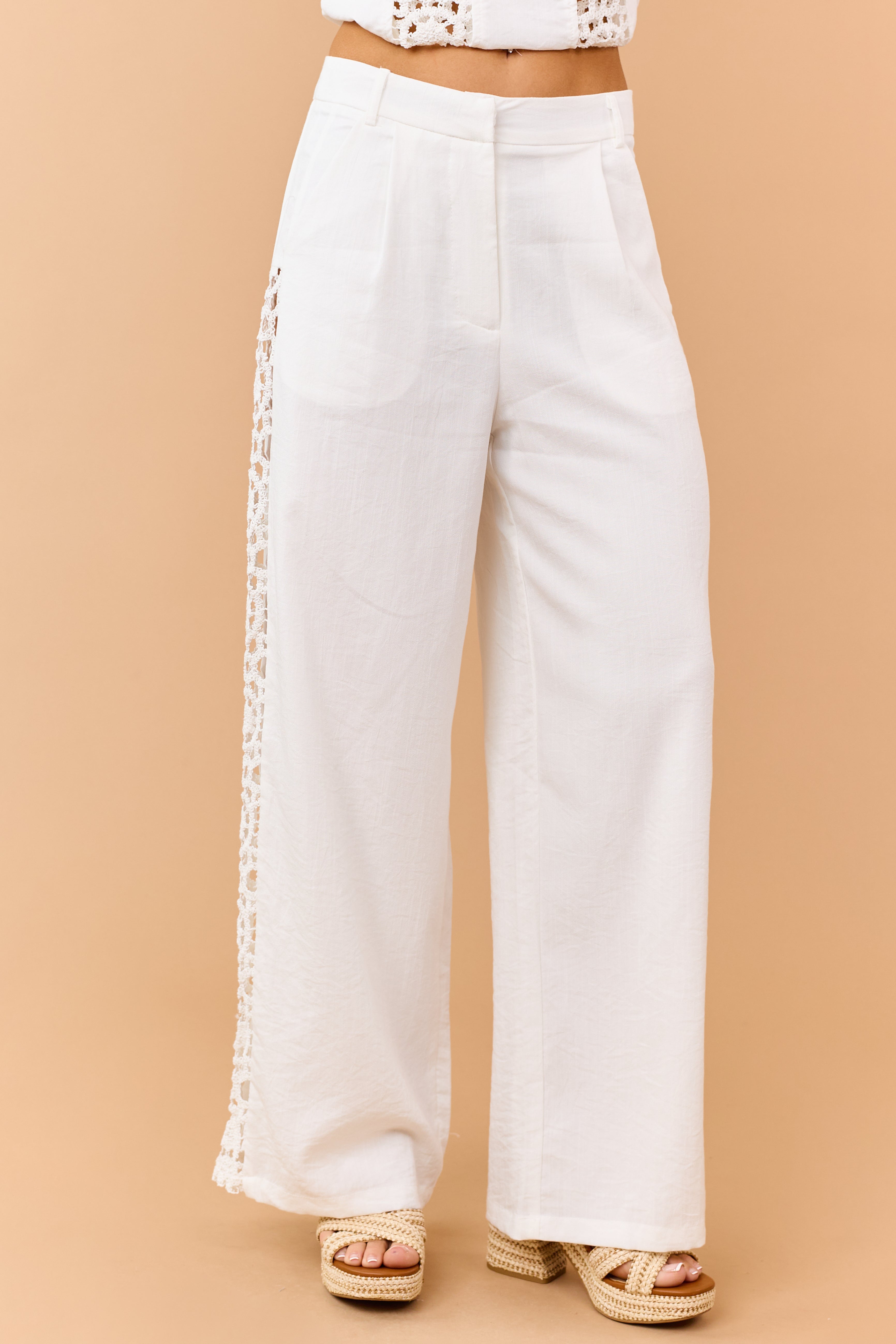 Off White Open Crochet Side Panel Wide Leg Pants | Lime Lush Boutique