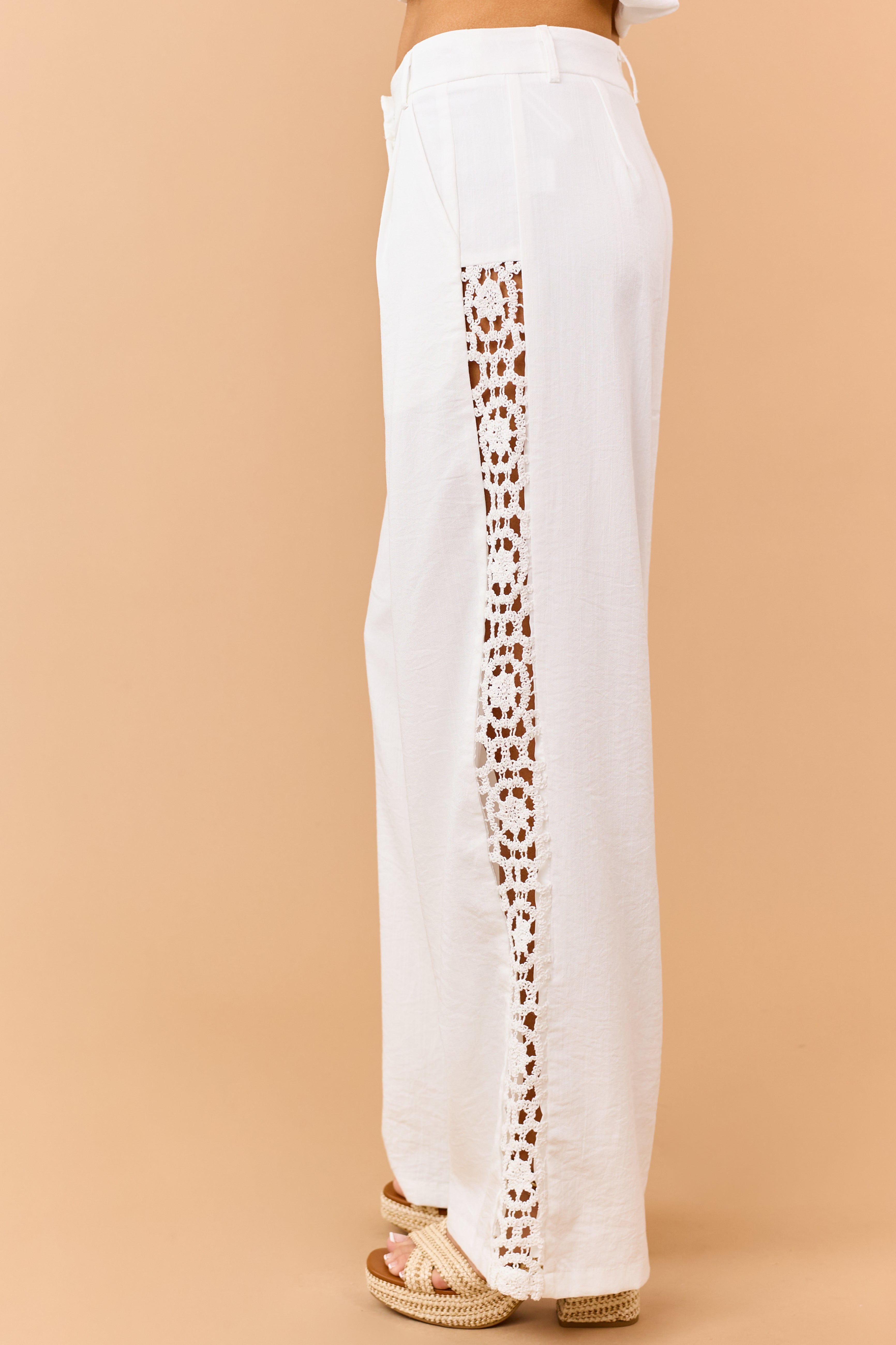 Off White Open Crochet Side Panel Wide Leg Pants | Lime Lush Boutique
