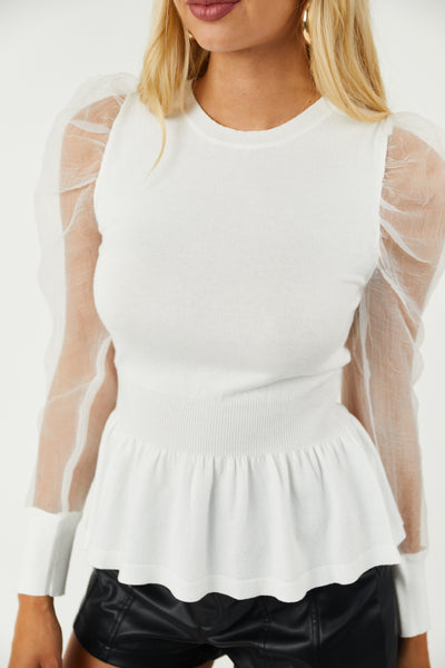 Off White Organza Puff Sleeve Peplum Sweater Top