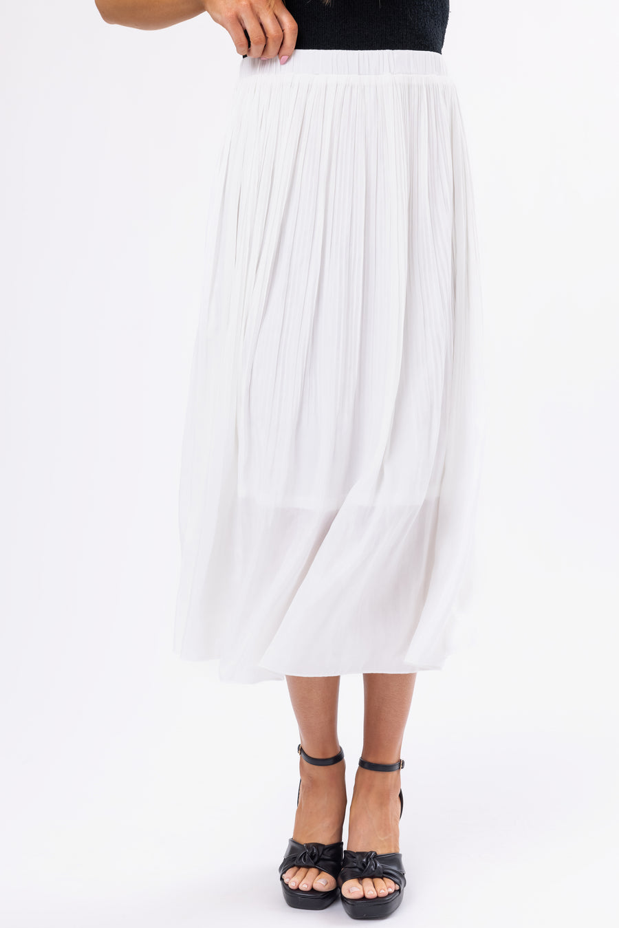 Off White Pleated Elastic Waistband Midi Skirt