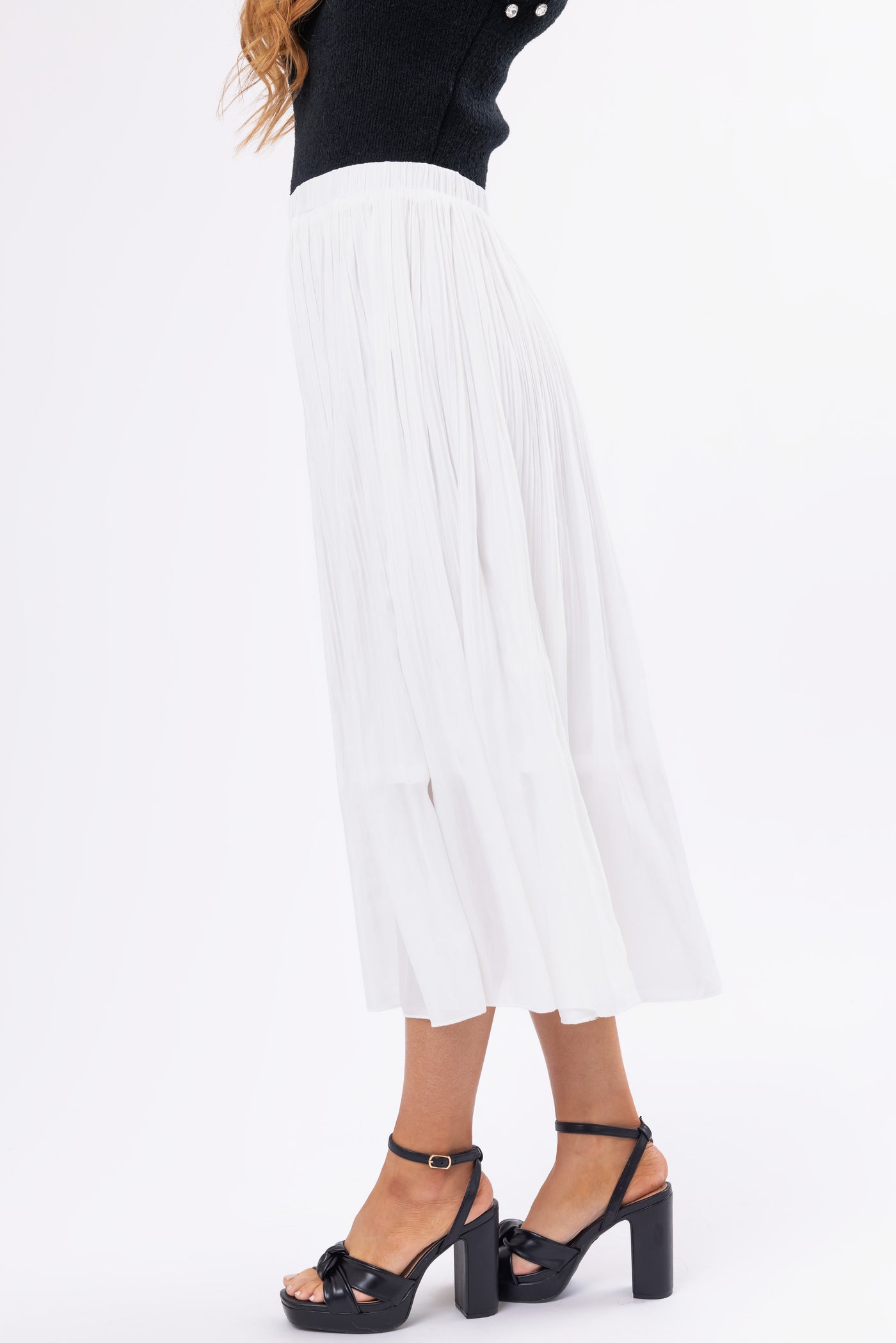 Off White Pleated Elastic Waistband Midi Skirt