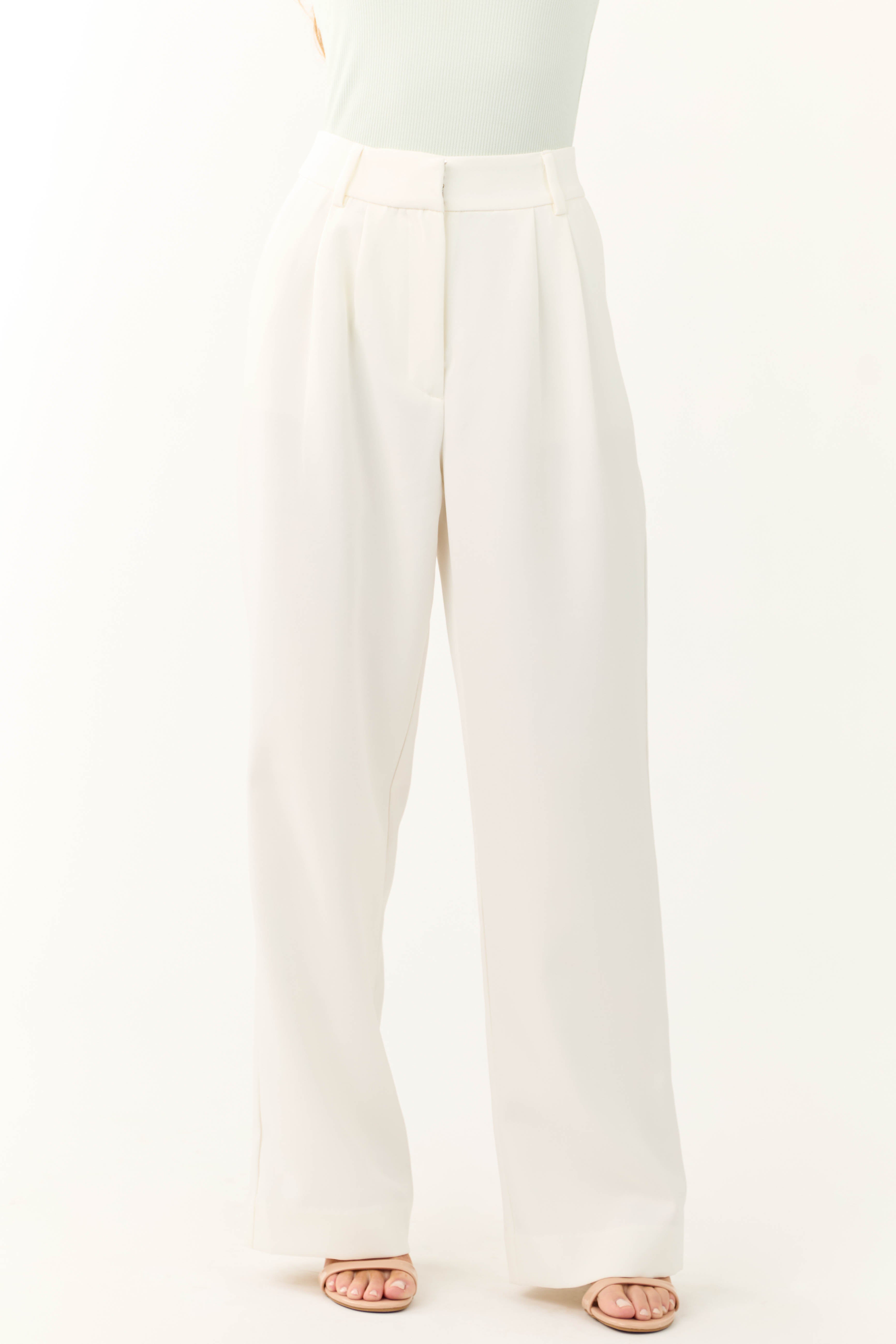 Off White Pleated High Waist Trouser Pants | Lime Lush Boutique