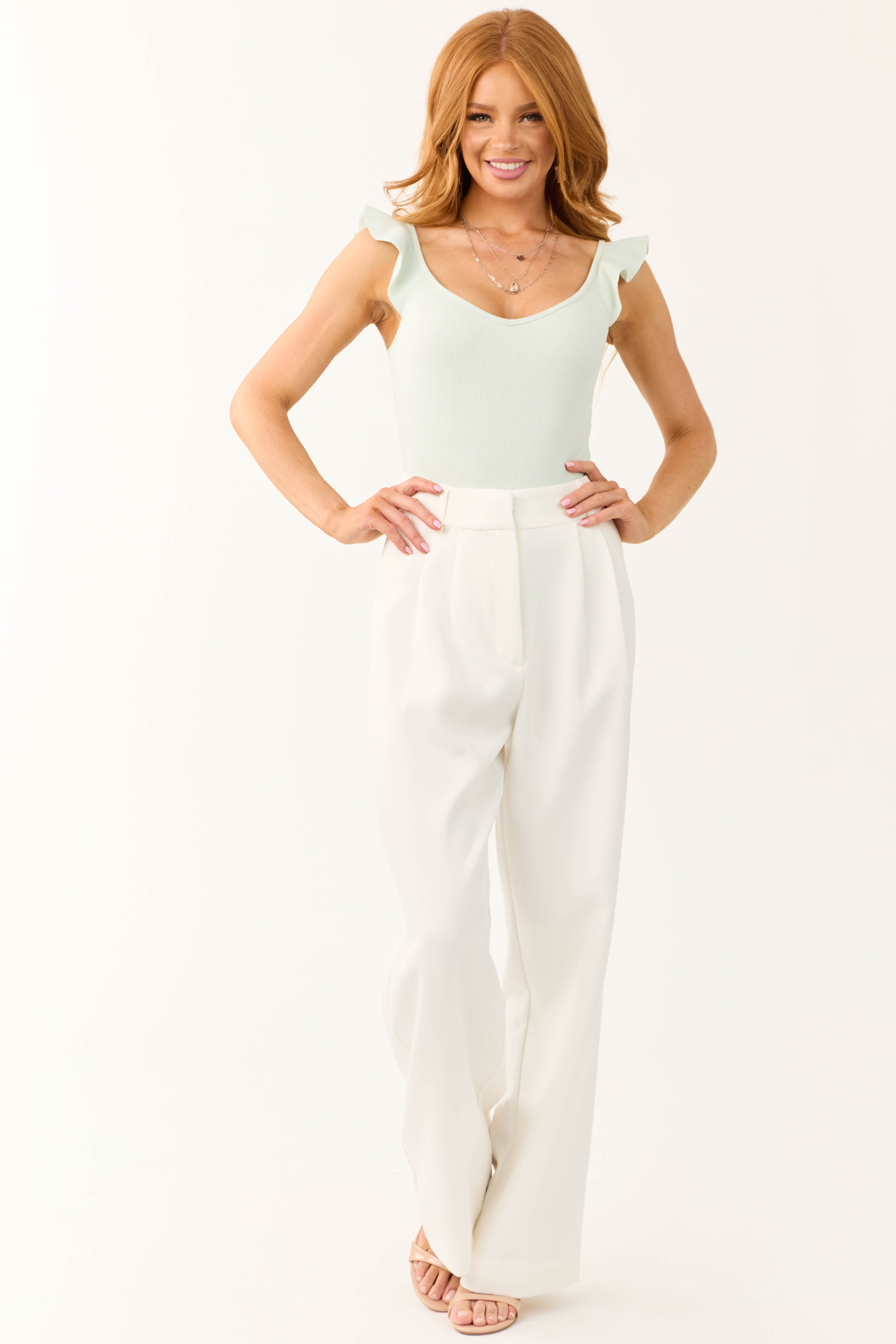 Off White Pleated High Waist Trouser Pants | Lime Lush Boutique