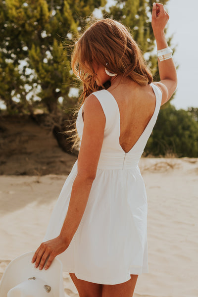 Off White Plunging V Neck Rosette Detail Mini Dress