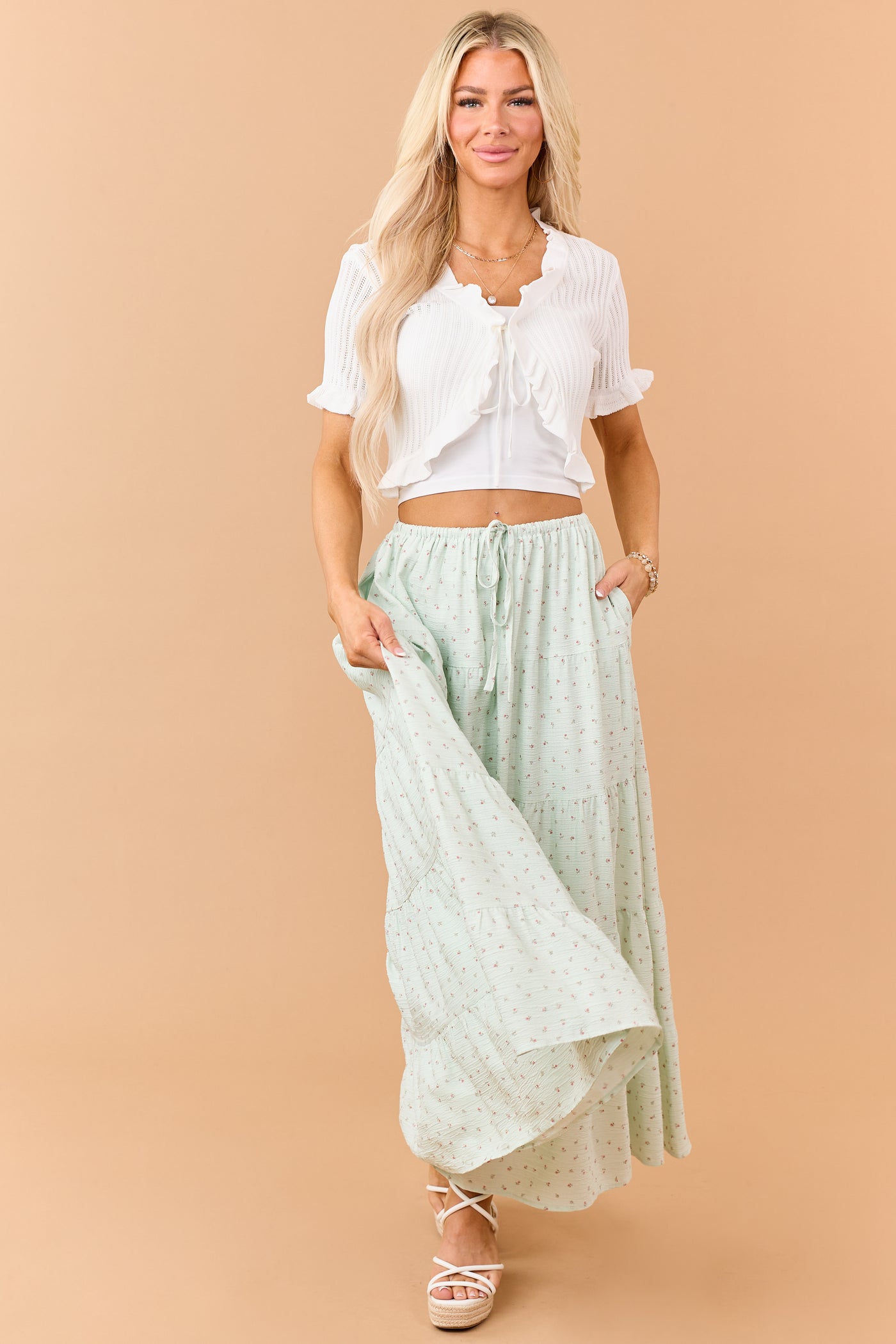 Off White Pointelle Ruffle Trim Front Tie Top