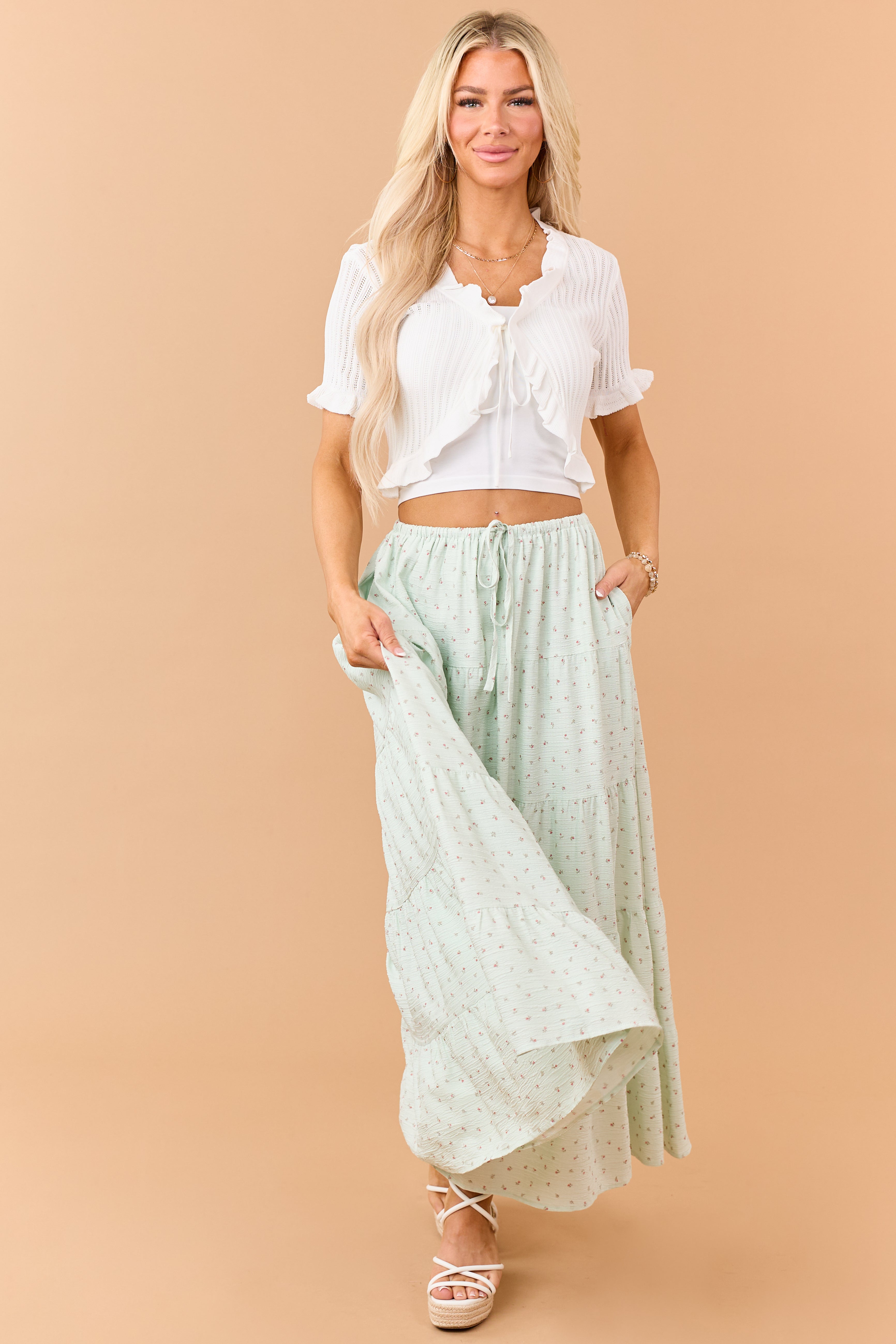 Off White Pointelle Ruffle Trim Front Tie Top