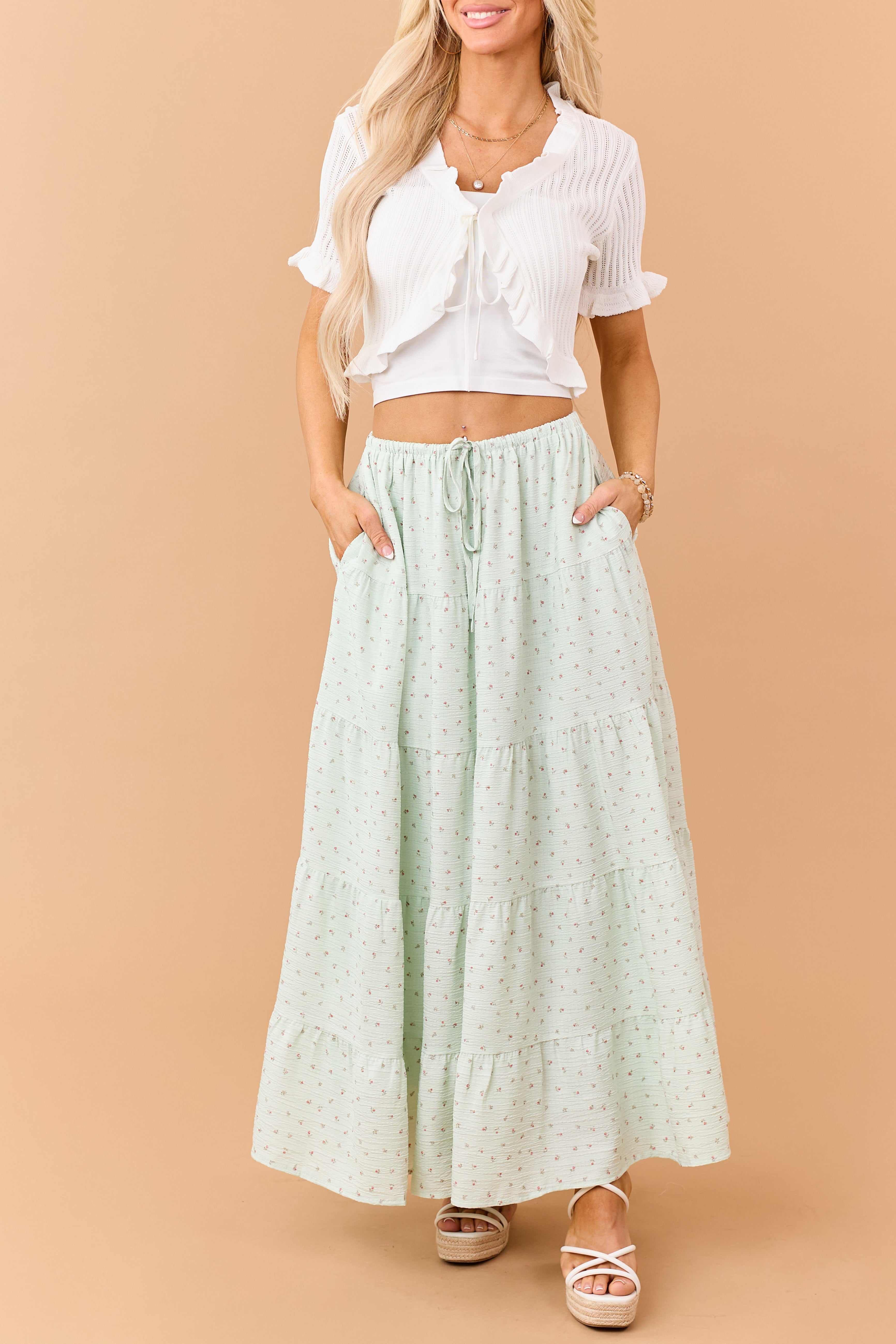 Off White Pointelle Ruffle Trim Front Tie Top