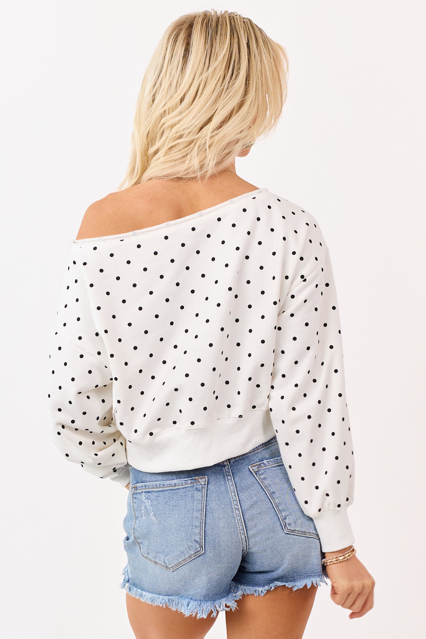 Off White Polka Dot Off Shoulder Sweatshirt