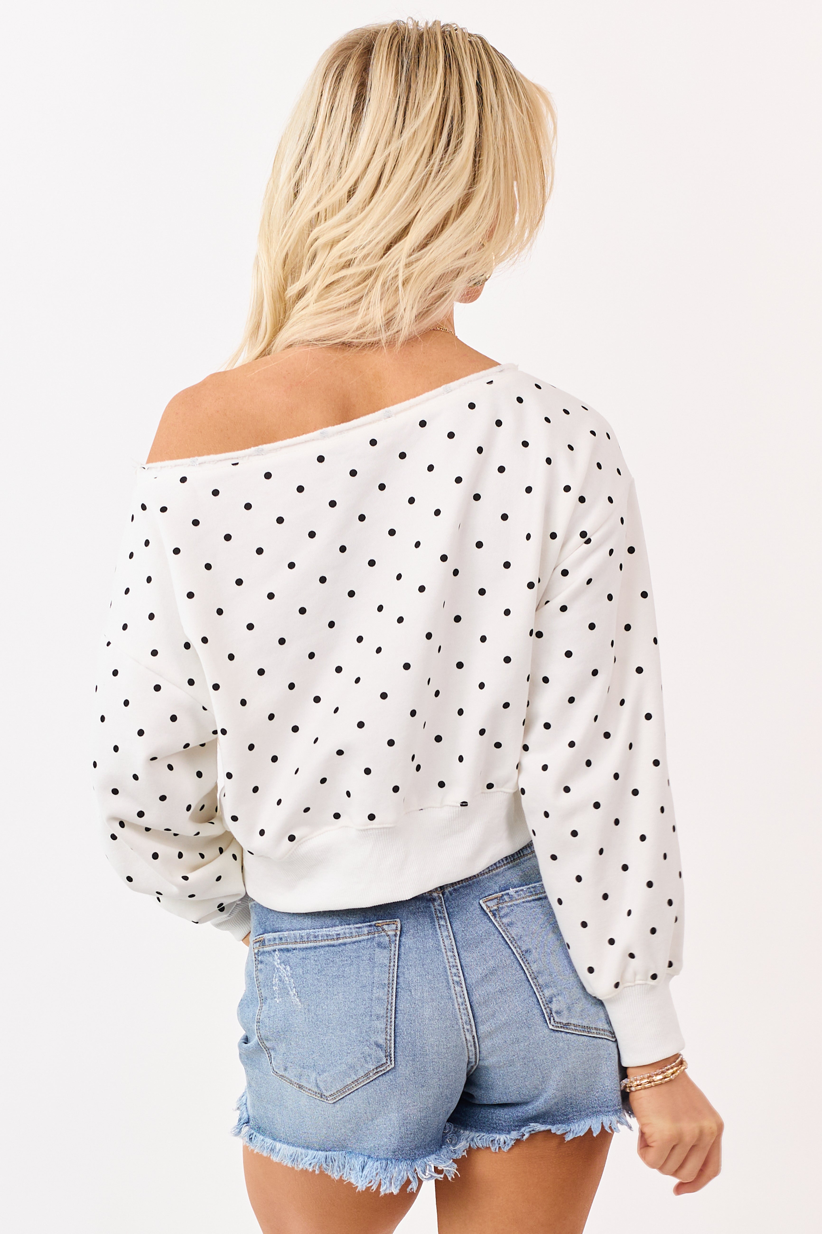 Off White Polka Dot Off Shoulder Sweatshirt