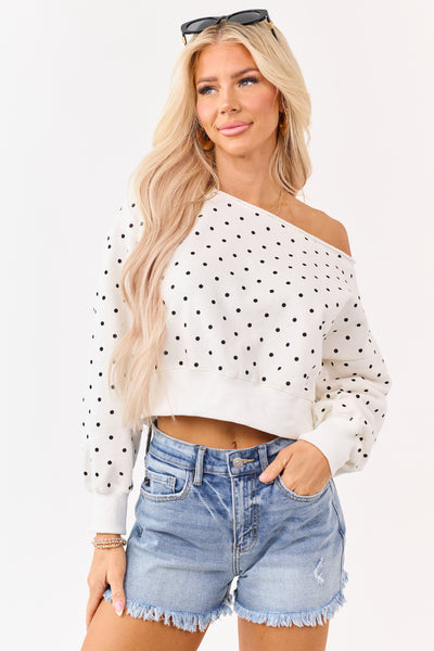 Off White Polka Dot Off Shoulder Sweatshirt | Lime Lush Boutique