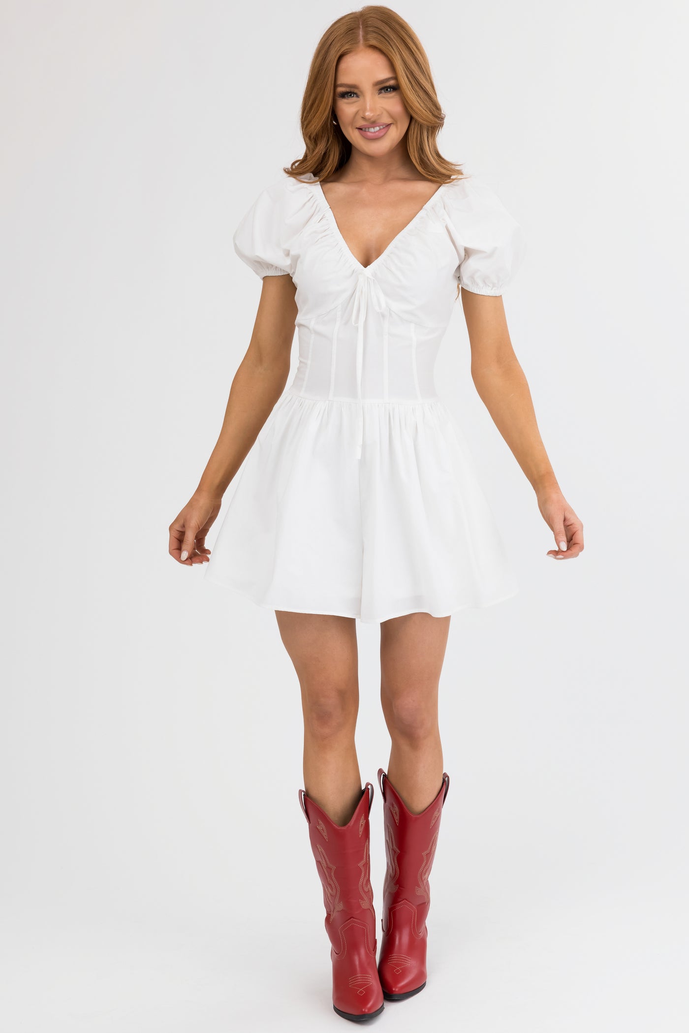 Off White Puff Short Sleeve V Neck Romper